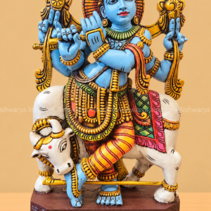 Wooden Venugopalan statue Krishna with flute and cow hand painted