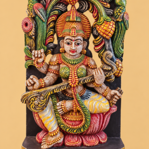 Wooden Saraswati with arch and parrots playing veena hand painted
