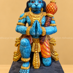 Wooden kneeling Hanuman statue with folded hands and gada blue and gold hand painted