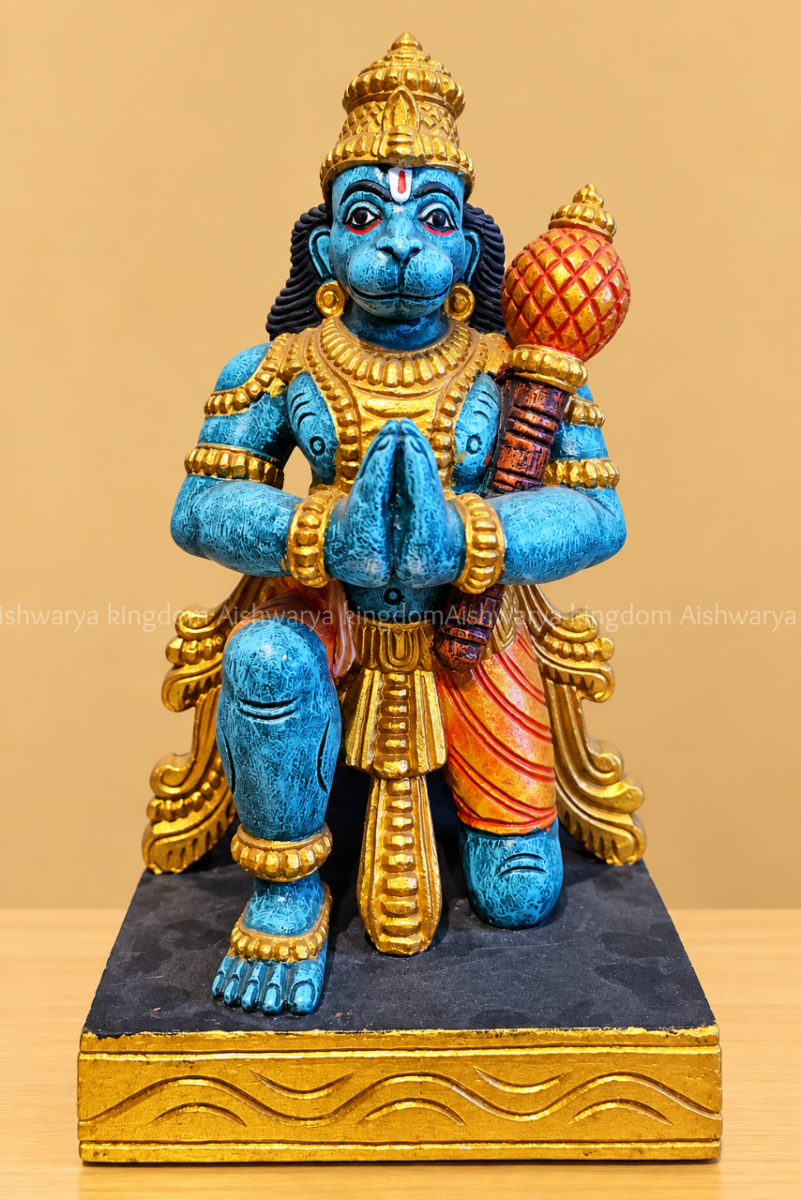 Wooden kneeling Hanuman statue with folded hands and gada blue and gold hand painted