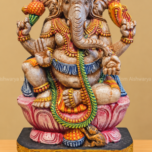 Wooden Ganapati statue antique finish sitting on lotus hand painted