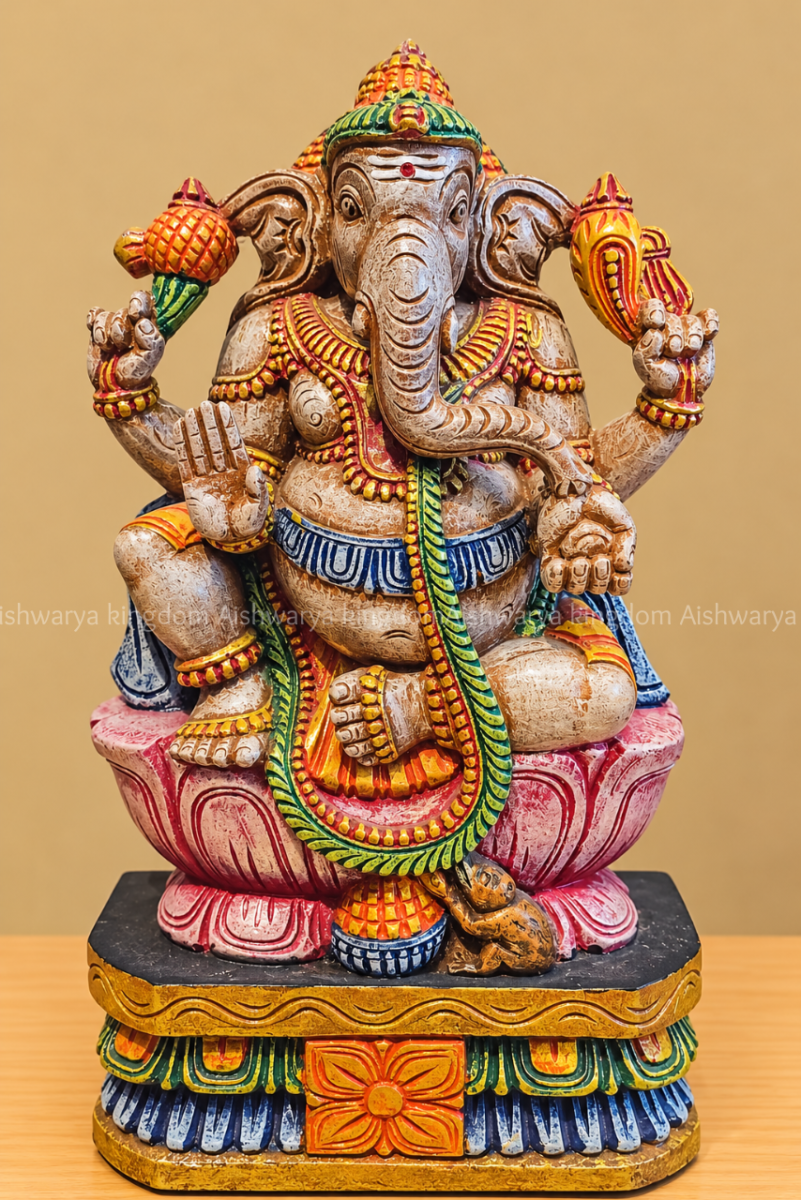 Wooden Ganapati statue antique finish sitting on lotus hand painted