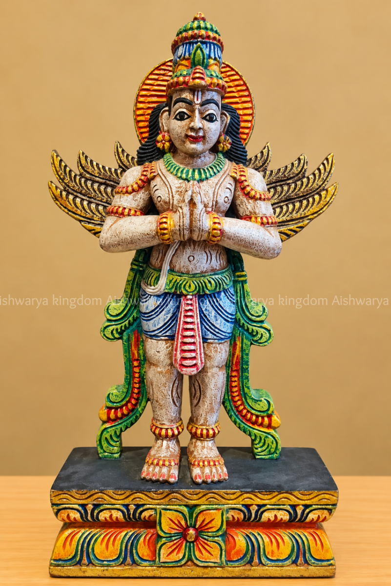 Wooden Garuda idol Garudalvar with folded hands and spread wings antique finish