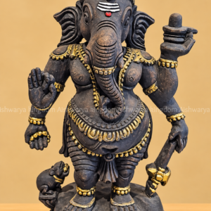 Wooden Ganesha holding Shiva Lingam statue antique black and gold finish