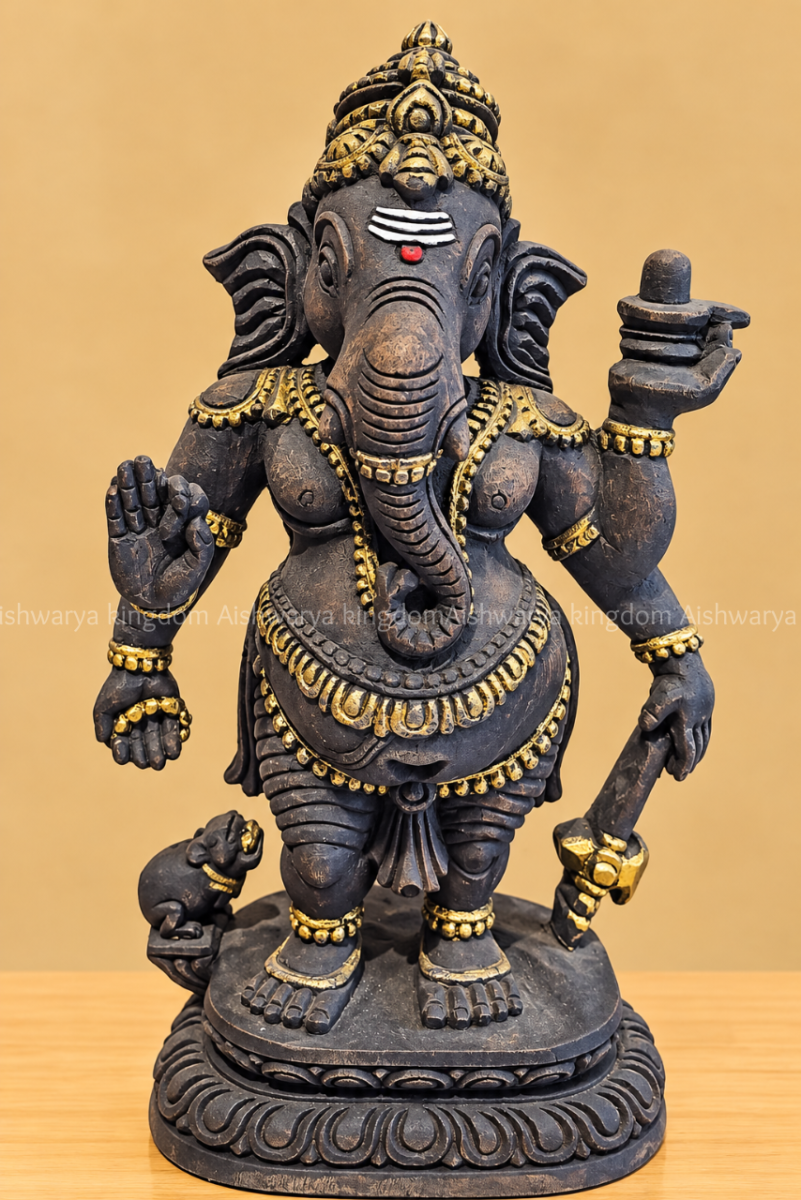 Wooden Ganesha holding Shiva Lingam statue antique black and gold finish