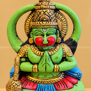 Wooden sitting Hanuman statue with folded hands and gada green hand painted