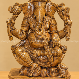 Wooden Ganesha sculpture hand carved natural wood sitting on lotus