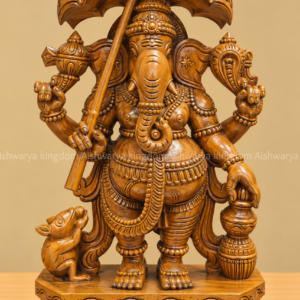 Hand carved wooden Ganesha with umbrella natural wood polish