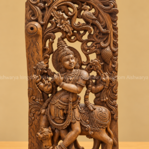 Hand carved wooden Krishna sculpture playing flute with cow under tree natural wood