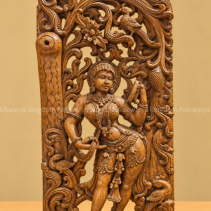 Hand carved wooden Radha sculpture dancing under tree with birds natural wood