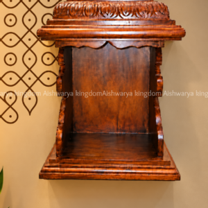 Wooden pooja mandir with horse carving and temple style top