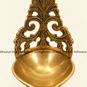 Brass leaf shaped diya antique brass oil lamp with carved scroll back