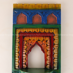 Wooden hand carved Jharoka wall shelf with multicolour hand-painted finish for idols