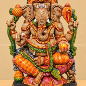 Wooden Pillaiyar statue sitting on lotus hand painted